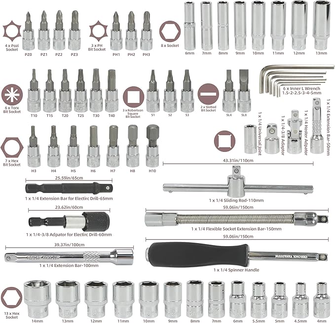 63Pcs 1/4-Inch Drive Click Torque Wrench Set(1-25 N.M/10-222.5IN.LB)，with Bit Socket Set Metric and Extension Bar for Auto Repairing and Household, with Storage Case