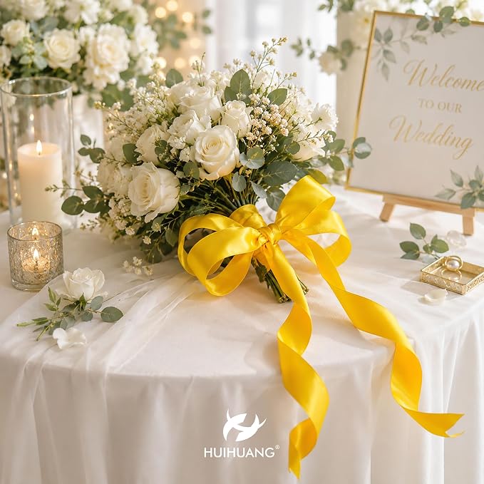 HUIHUANG Yellow Wired Ribbon 2.5 inch Yellow Satin Wire Edge Ribbon - Image 6