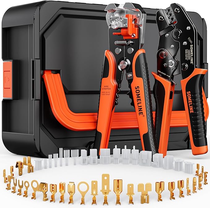 SOMELINE Spade Connector Crimping Tool Kit 24–14 AWG, 40 Types 2.8/4.8/6.3/7.8 mm Quick Disconnect Non-Insulated Connectors and Terminal Housings – Open Barrel Crimping Tool & Automatic Wire Stripper