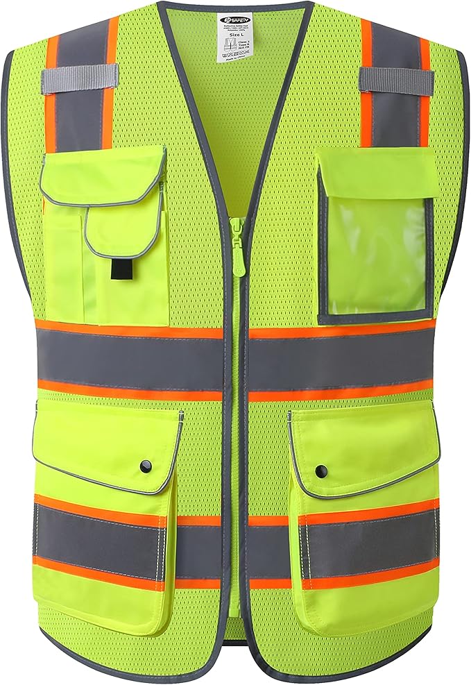 JKSafety 9 Pockets Hi-Vis Neon Yellow Zipper Front MESH Safety Vest with Fluorescent Orange Extend Edge outlining the Reflective Tapes Meet ANSI/ISEA Class 2 Standard (100 Yellow, M)