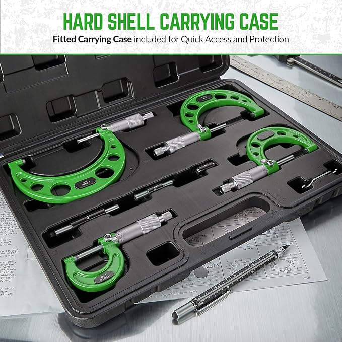 Premium Outside Micrometer Set 0-4" / 0.0001" (0-1"/1-2"/2-3"/3-4") Precision Machinist Tools w/Carbide Tips, Standards, Ratchet Stop, Green