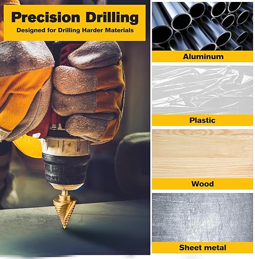 Step Drill Bit Set, 3/16" to 1-3/8", 3/8“ Hex Shank High Speed Steel Step Drill Bit for Stainless Steel, Metal, Aluminum, Copper, Wood, PVC