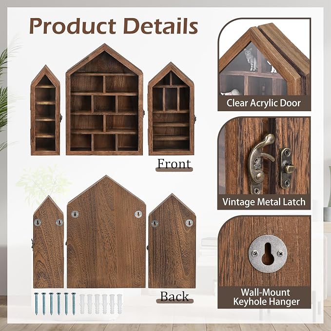 Ikee Design 3 Pcs Set Wall-Mounted House-Shaped Wooden Shadow Cubby Box Display - Image 3