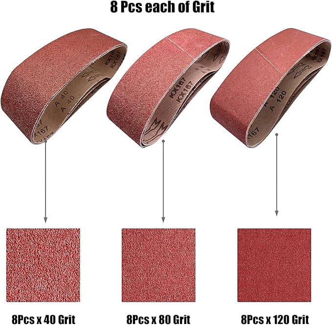 Taokyid 3 x 21 Inch Sanding Belts for Belt Sander 3x21,Aluminum Oxide Abrasive Sandpaper, 8 Each of 40 80 120 Grits,24 Pack