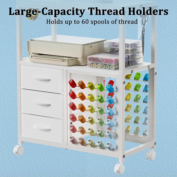 Sewing Table with 60 Spools Thread Holder and 3 Fabric Drawers, Rolling Sewing - Image 5