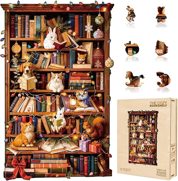 Animal Cozy Bookshelf Puzzles Adults Gifts Wooden 200 Pieces 13.4 * 8.5in by Jollitot