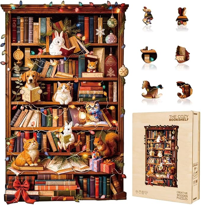 Animal Cozy Bookshelf Puzzles Adults Gifts Wooden 150 Pieces 11.4 * 7.2in by Jollitot