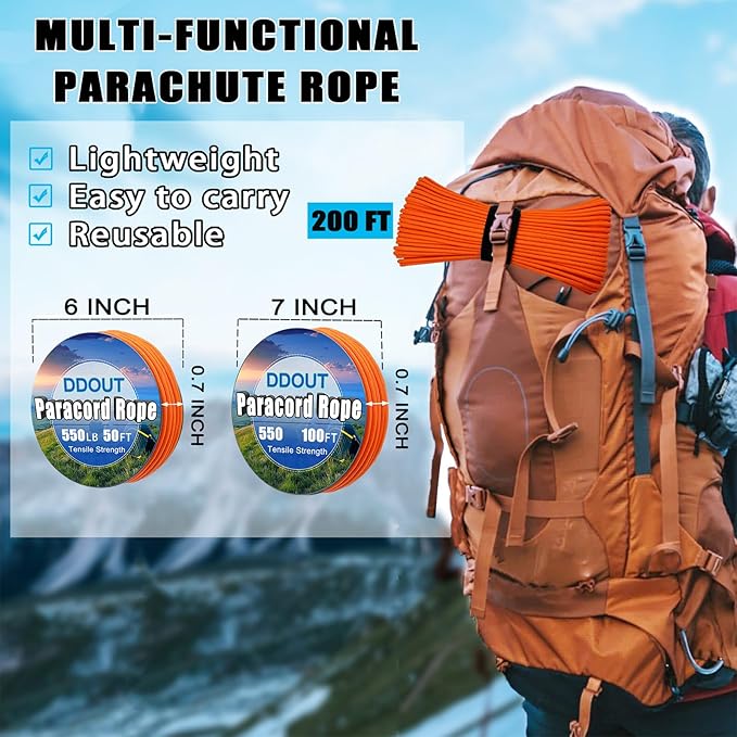 Paracord Nylon Rope Orange 50ft with 7-Strand Core, 10 Colors and 50/100/200 ft, Type III Parachute Cord 4mm for Camping, Survival, Hiking, DIY, Crafting, Outdoor Utility Rope