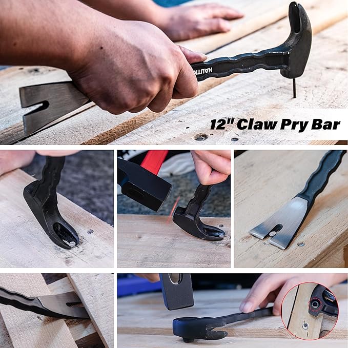 HAUTMEC 3 PCS Pry Bar Set, 15" Flat Pry Bar, 12" Cats Paw Nail Puller Tool and 8" End Cutting Pliers, Heavy Duty Dorp Forged Crowbar Pry Tool for Prying, Lifting and Removing Tasks, HTASM25022