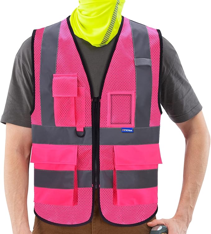A-SAFETY High Visibility Mesh Safety Reflective Vest with Pockets and Zipper,Hi Viz Work Vest for Men Women (Pink Mesh XL)
