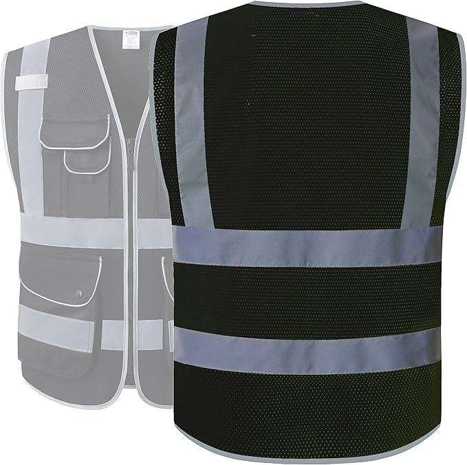 JKSafety 9 Pockets High Visibility Safety Vest for Men and Women, Hi-Vis Reflective Black Safety Vests with Zipper Front, Meet ANSI/ISEA Standards (159-Black 5XL)