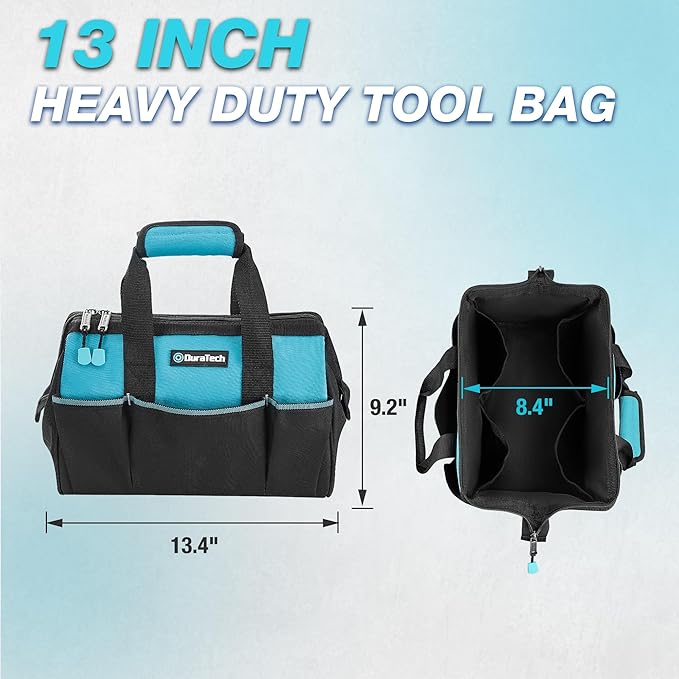 DURATECH 13-Inch Small Tool Bag with 9 Pockets, Tool Bags for Men Women, Toolbag with Thickened Fabric, Wide Open Mouth Tool Carrier for Mechanic Electrician Plumber HVAC
