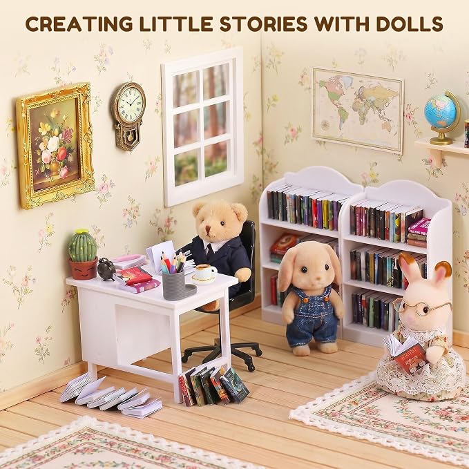 1:12 Scale Mini Desk Set with 100 Mini Books & 2 Bookshelves — Miniature - Image 7