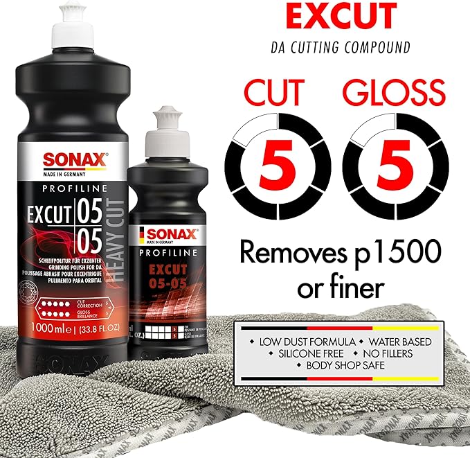 SONAX Profiline ExCut 05-05 | Heavy Cut Compound for Deep Scratch & Swirl Removal | High-Gloss Finish | Removes P1500 Sanding Marks, Scratches & Etching | Silicone-Free & Low Dust | 245300 | 1L