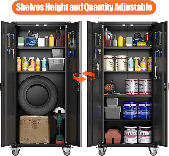 Metal Storage Cabinets with Wheels, 72" Steel Lockable Storage Cabinet with Adjustable Shelves Pegboards and Hooks for Office School Garage Warehouse Utility Room, Assembly Require, Black