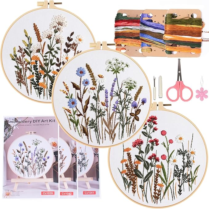 COCOMOX 3 Sets Embroidery Practice Kits, Flower Pattern Embroidery Kit by COCOMOX