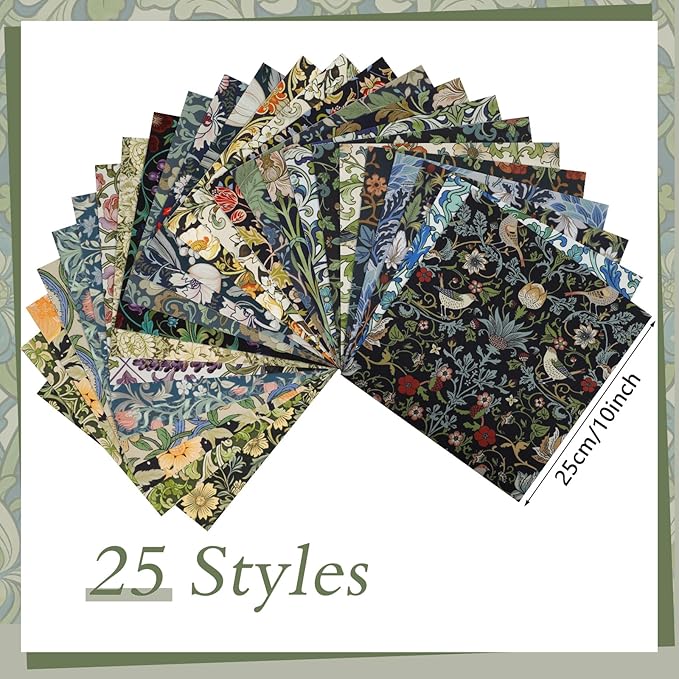 25 Pcs William Morris Cotton Fabric Squares, 10 x 10 Inch, Floral | Precut - Image 3