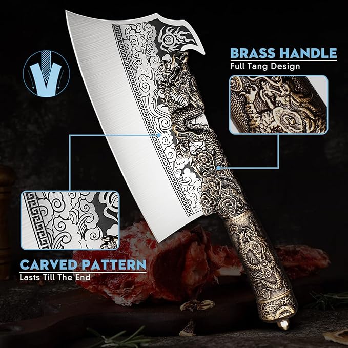 ROCOCO 2lb Dragon Butcher Knife Heavey Duty Cleaver Knife for Meat Bone Cutting 9.5" Cool Big Viking Camping Chopper Cutter with Sheath Birthday Father Mother Christmas Gift Idea Men