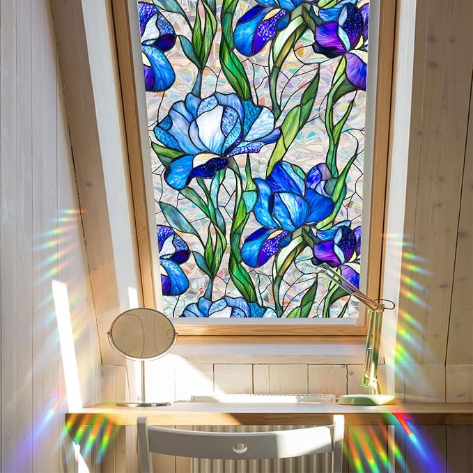 Bloss Blue Iris Flowers Sunroof Film Floral Rainbow Effect Static Clings Window - Image 9