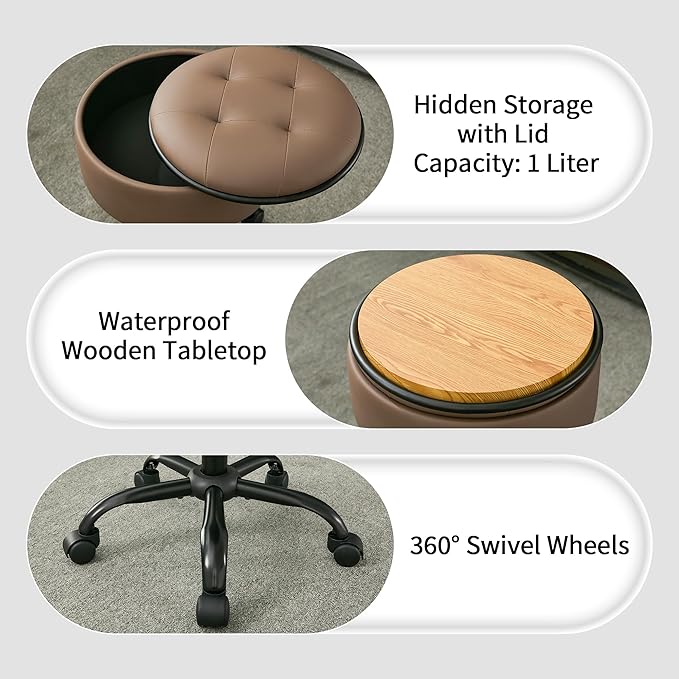 Drafting Chair with Storage, Adjustable Desk Stool with Wheels 20.67"-24.61", Coffee Brown Ergonomic Office Stool