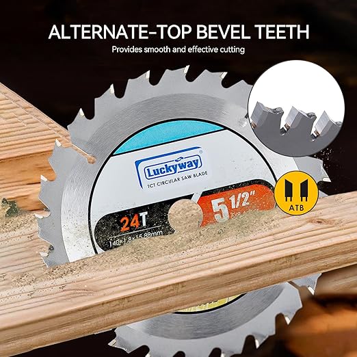 Luckyway 2-Pack 5-1/2 Inch 24T with 5/8 Inch Arbor TCT Circular Saw Blade General Purpose and Trimming Saw Blade, Cordless Trim Saw Blade for Cutting Wood(1/2-Inch and 10-mm Reducer Bushings Include)