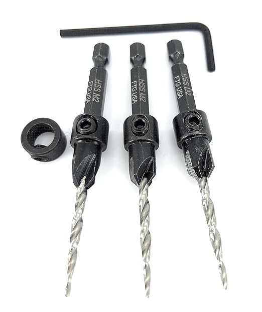FTG USA Adjustable Wood Countersink Drill Bit Set 3 Pc #6 (9/64"") with Tapered Drill Bit for Woodworking