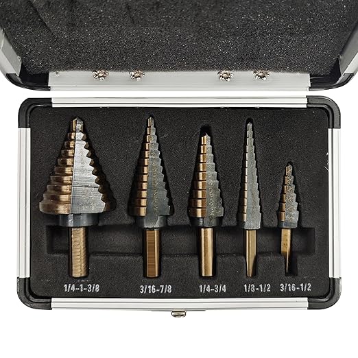 Step Drill Bits, 5PCS HSS Titanium Step Drill Bit Set,50 Sizes High Speed Steel Step Bits for with Aluminum Case