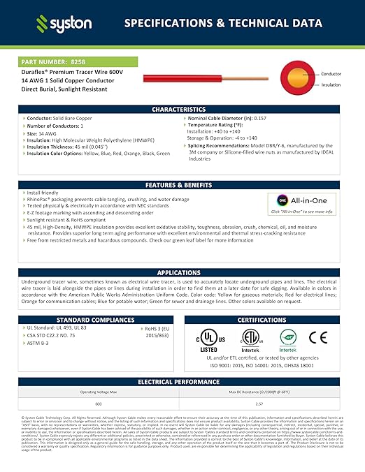 14 AWG Tracer Wire 600V 100% Solid Copper Conductor Direct Burial Underground, Yellow Tracer Wire for Locating Underground Pipes and Lines Gas Electrical Wire Water Sewer Pipe and Fiber Optic, 250 FT