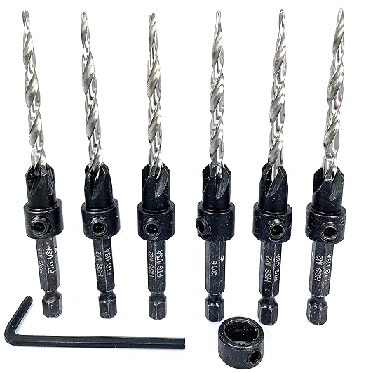 FTG USA 6 Pc #10 (3/16") Countersink Drill Bit Set with Depth Stop Collar, Hex Wrench - Tapered Drill Bits for Wood