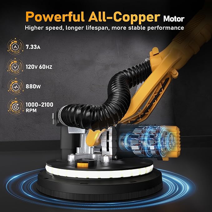 Drywall Sander, 880W 7.33A Electric Drywall Sander with Vacuum Dust Collector, 5 Variable Speed 1000-2100RPM, LED Light, Foldable & Extendable Handle, 12 Sanding Discs