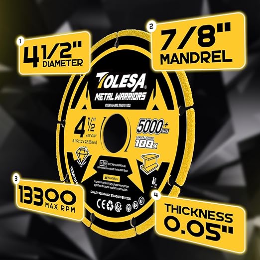 TOLESA Diamond Cutting Wheel 4 1/2 x 7/8 Inch for Metal, Cut Off Wheel with 5000+ Cuts on Rebar, Steel, Iron and INOX, 3 Pack