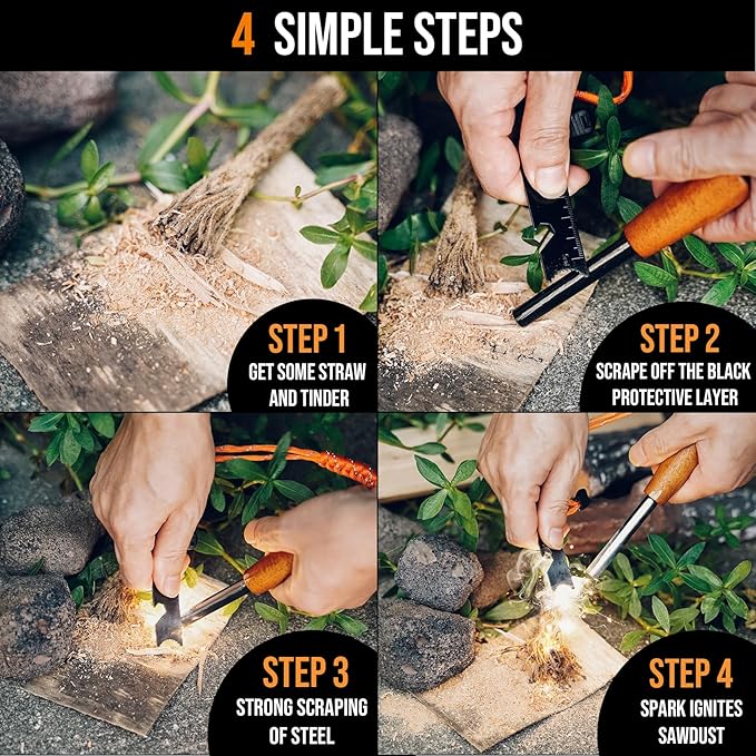 Fire Starter Survival Tool, Ferro Rod Kit with Tinder Wick, Pouch, Waterproof Flint and Steel Fire Starter for Camping, Hiking and Backpacking Gear