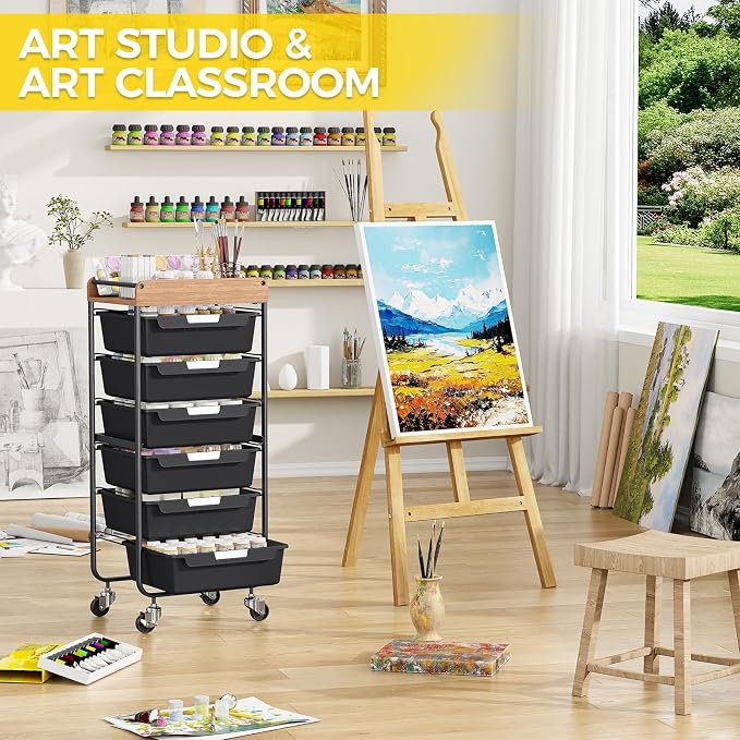 SYKIARIOL Utility Cart with 6 Labeling Drawers and Wooden Tabletop – Rolling - Image 8