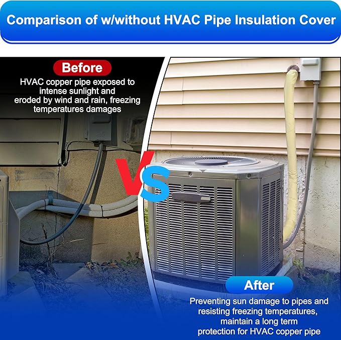 3 Layers HVAC Copper Pipe Insulation Cover Protector,Flexible AC Copper Line Insulation Sleeve,600D Oxford 72x10.2 Inch AC Pipe Insulation Wrap for Outside Central Air Conditioning Splits Khaki