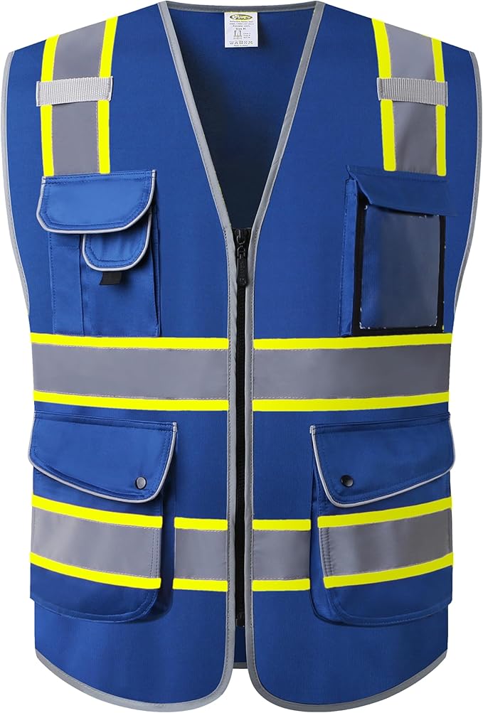 JKSafety 9 Pockets Hi-Vis Safety Vest High Visibility Reflecitive Safety Vests for Men and Women Work Utility PPE Work Gear ANSI/ISEA compliant (902-Blue 5XL)