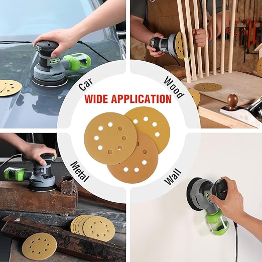 WORKPRO 150-piece Premium Sanding Discs Set, 5" 8 Holes Hook and Loop Sandpaper, 60 80 100 120 150 180 240 320 400 600 Assorted Grits for Random Orbital Sander, Fits Woodworking & Metalworking, Gold