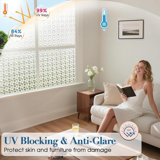 Windimiley Frosted Glass Window Privacy Film, 3D Diamond, 45.2" x 157.4" | - Image 5