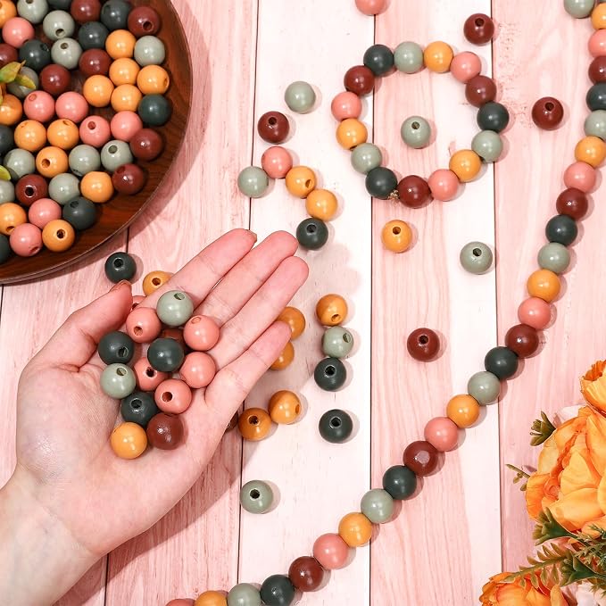 Whaline 240 Pcs Modern Boho Color Wooden Beads Sage Green Pink Orange Brown - Image 4