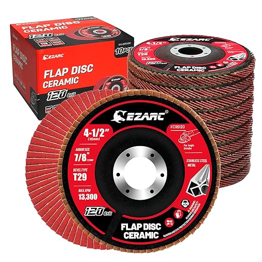 EZARC Ceramic Flap Discs 120 Grit, 4 1/2 x 7/8-Inch Flap Sanding Disc, Type 29 Ceramic Grinding Wheel for Stainless Steel, Non-Ferrous Metal, Cast Iron, Sheet Metal, 10 Pack