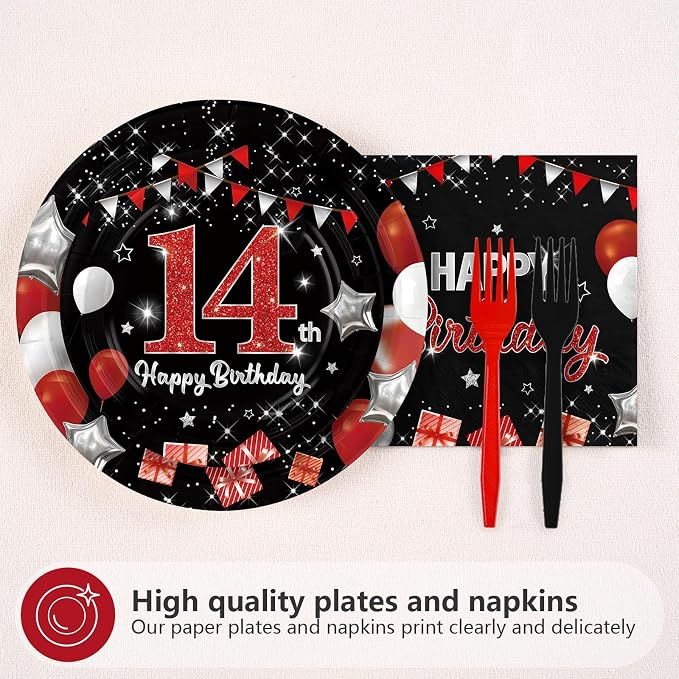 96Pcs Red and Black Party Decorations Happy 14th Birthday Plates and Napkins - Image 3