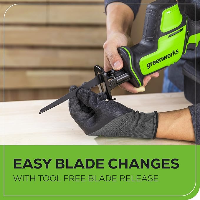 Greenworks 24V Brushless 1" Compact One-Handed Reciprocating Saw (3,000 SPM), Cordless Powered Variable Speed Recip Saw, Battery Not Included