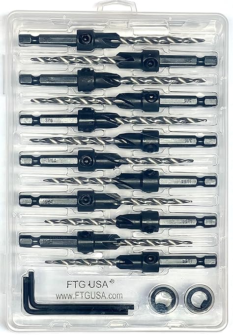 FTG USA Countersink Drill Bit Set for Wood with Tapered Drill Bit 6 Pc #8 (11/64"), 6 Pc #10 (3/16")