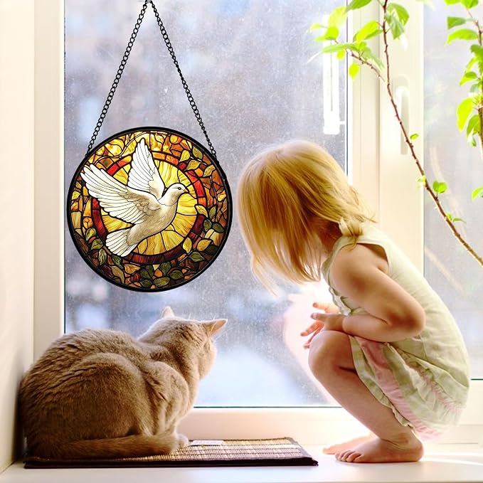 DASTOLL Stained Glass Window Hanging, Flying White Dove Sun Catchers Diamond - Image 2