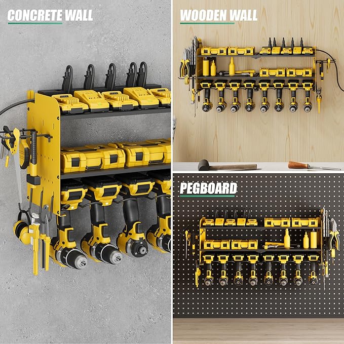 Suchtale Power Tool Organizer with Charging Station,33.2" Garage 8 Drill Holders Wall Mount,3 Layers Heavy Duty Metal Tool Shelf with 8 Outlets Power Strip, Gift for Men, Father, Yellow