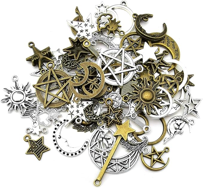 100g Craft Supplies Small Antique Bronze Silver Sun Moon Star Charms Pendants - Image 6