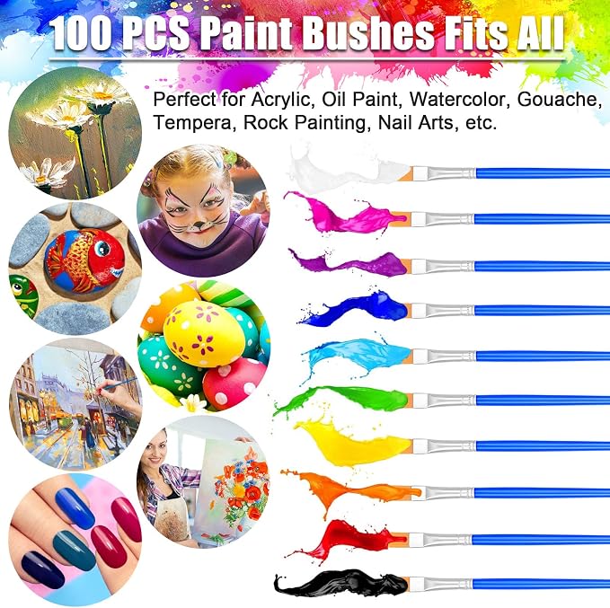 100Pcs Small Paint Brushes Bulk, Anezus Flat Top Acrylic Classroom Brush - Image 2