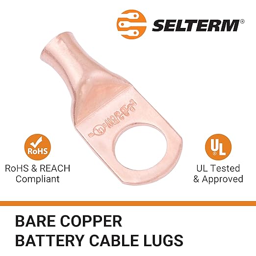 SELTERM 10pcs 8 AWG - 3/8" Stud - Battery Lugs, Heavy Duty Wire Lugs, Ring Terminals, Battery Cable Ends,8 Gauge Terminals, UL Bare Copper Eyelets Electrical Battery Terminal Connectors