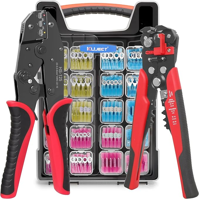 Kuject Crimping Tool Kit, 340 PCS Heat Shrink Wire Connectors(AWG22–10), 3-in-1 Adjustable Wire Stripper and Wire Crimper Kit for Automotive, Marine, and Electrical Repairs