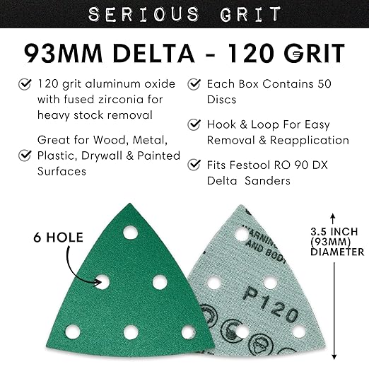 3.5" (93mm) 6-Hole 120 Grit Triangle Sanding Sheets - Fits Festool Rotex RO 90 Delta - Heavy-Duty Hook & Loop Film Disc Abrasives - Sandpaper for Detail Sanders - 50 Pack Box