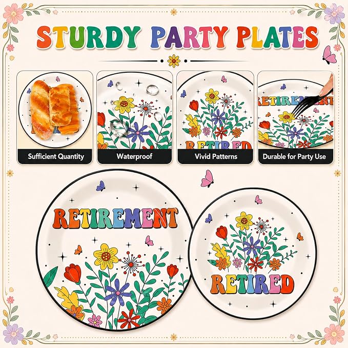 100 Pcs Flower Retirement Party Plates and Napkins Set Happy Retired Birthday - Image 3